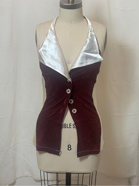 Satin-Trim Halter Tank Top in Burgundy and Cream